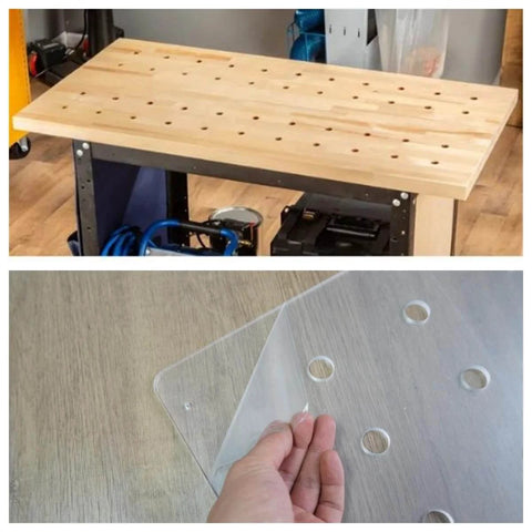 Transparent Acrylic Dog Hole Router Template Jig for Woodworking Pro Grade One Quarter Inch Thick on a workbench.