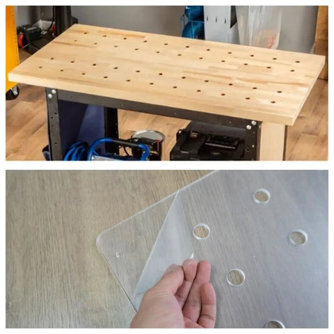 Heavy Duty Acrylic Router Template For Dog Hole Spacing 3/4 Inch Straight Shot Woodworking Guide on wooden workbench.