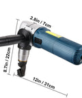 Electric Metal Nibbler 625W Cutter With 1000 RPM High Speed Rotor, shown in blue with black handle, dimensions labeled
