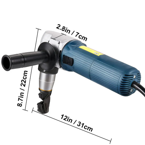 Electric Metal Nibbler 625W Cutter With 1000 RPM High Speed Rotor, shown in blue with black handle, dimensions labeled