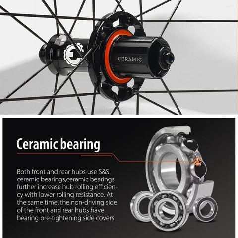 Close-up of hub with ceramic bearings on Beefy 60mm Deep Carbon Wheelset For 700c Road Bikes Tubular Clincher Tubeless Ready High TG
