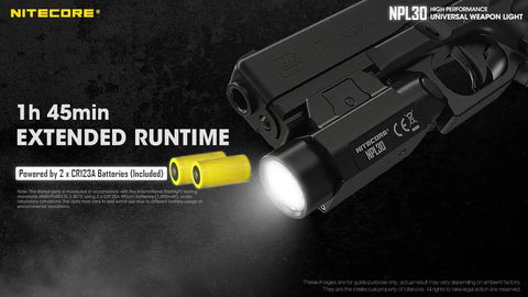 NPL30 Piston Rail Mount Light With 1200 Lumen Output on firearm, includes 2 batteries, 1h 45min runtime displayed