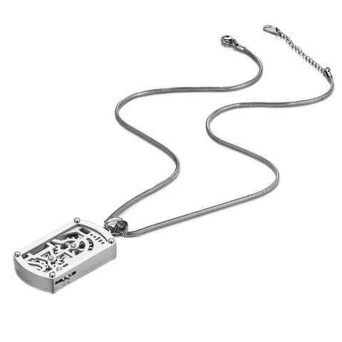 Steampunk Gear Dog Tag Necklace With Rotating Mechanical Pendant In Stainless Steel, Adjustable 22 To 24 Inch Snake Chain displayed flat