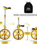 Workhorse Digital Measuring Wheel With Backlit Display, Foldable Three-Section Design shown expanded, folded, and stored in backpack