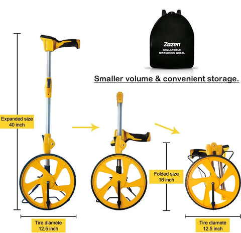 Workhorse Digital Measuring Wheel With Backlit Display, Foldable Three-Section Design shown expanded, folded, and stored in backpack