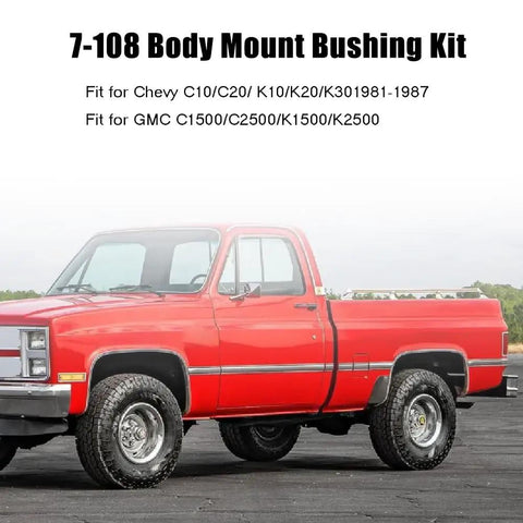 Red Chevy truck for Beefed Up Polyurethane Body Mount Bushing Kit with Metal Ring Direct Fit 1981-1987 C10 K10 trucks.
