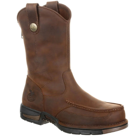 Men's Brown Moc Toe Work Boots Pull On Style With Back Zipper Electrical Hazard Rated Flexible Unlined Sole Lightweight Ride Built Tough For Long Hard Shifts