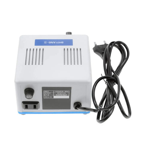 Back view of Micro Motor Handpiece For Lab Jewelry Ceramics Silicone Glasswork Woodcarving Artware Blue With Foot Switch Dual Rotation 35000 RPM AC Powered Pro Grade Craft Tool.