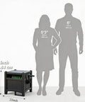 Dimensions of 100 Ft Hose Reel Storage Box With Water Hose Holder beside height silhouettes, showing 16x22 inch size, black