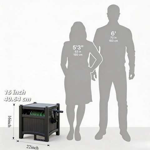 Dimensions of 100 Ft Hose Reel Storage Box With Water Hose Holder beside height silhouettes, showing 16x22 inch size, black