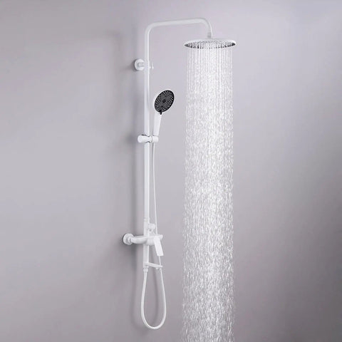 Exposed Shower System with Tub Spout 180° Rotating White, showcasing sleek design and adjustable water flow.