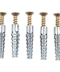 Heavy Duty Self Tapping Screws And Expansion Anchor Kit With Serrated Carbon Steel Fasteners visible, five arranged vertically