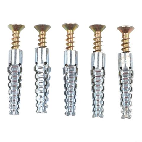 Heavy Duty Self Tapping Screws And Expansion Anchor Kit With Serrated Carbon Steel Fasteners visible, five arranged vertically