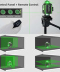 Top Tier 4D Green Laser Level With 360 Self Leveling Cross Lines features control panel and remote, showing horizontal and vertical lines.