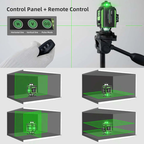Top Tier 4D Green Laser Level With 360 Self Leveling Cross Lines features control panel and remote, showing horizontal and vertical lines.