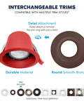 Interchangeable trim options for Heavy Duty 4 Inch Led Recessed Lights 12 Pack Adjustable Cct Dimmable 5000K with durable red housing.
