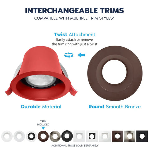 Interchangeable trim options for Heavy Duty 4 Inch Led Recessed Lights 12 Pack Adjustable Cct Dimmable 5000K with durable red housing.