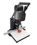 Front view of WYDDDARY portable hinge drilling machine for cabinets, 110V 1100W, metal rail guide and white worktable.