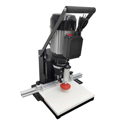 Front view of WYDDDARY portable hinge drilling machine for cabinets, 110V 1100W, metal rail guide and white worktable.