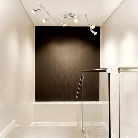 Six Light LED Track Lighting Kit With Sleek Matte Nickel Finish, Six Rotatable Heads, CRI 90 Plus, mounted in a modern hallway