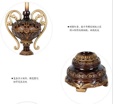 Tiffany Style Table Lamp With Floral Jeweled Design in Resin and Bronze Finish base detail