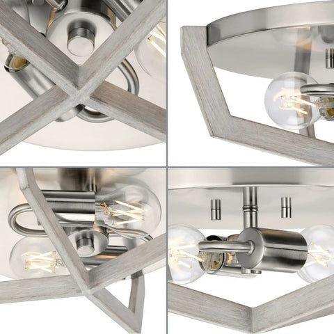 2 Light Modern Farmhouse Flush Mount Ceiling Light in Brushed Nickel with Grey Washed Oak accents for hallways and foyers.