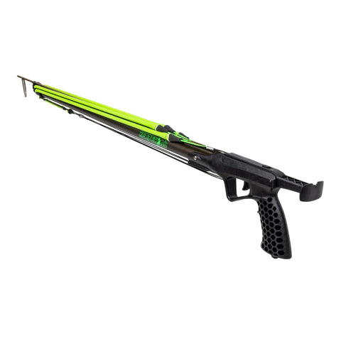 Side view of Reaper 90cm Railgun Speargun for Spearfishing and Freediving, high performance aluminum barrel, open muzzle design