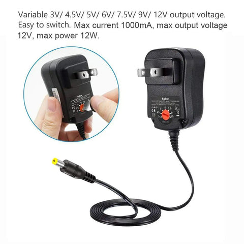 Versatile 12W Universal ACDC Power Adapter with adjustable voltage settings, showing plug and cable connectors.