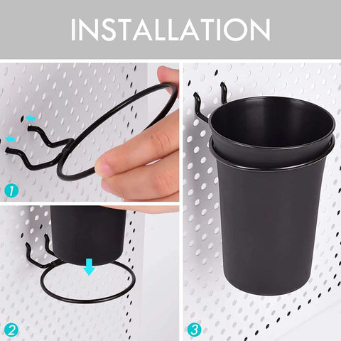 Installation of Six Pack Pegboard Cups With Loops For Pegboard Organization Cup Holders Black Durable Plastic For Garage Workshop