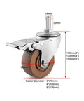 Beefy Heavy Duty Caster Wheels With Top Plate Swivel Design, brake, dimensions labeled, ideal for furniture and workbench setup