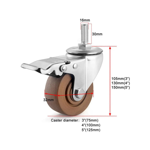 Beefy Heavy Duty Caster Wheels With Top Plate Swivel Design, brake, dimensions labeled, ideal for furniture and workbench setup