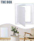 Top Notch White Drywall Access Panel 8x10 Inch Reinforced Wall Inspection Door Heavy Duty Plate open view in a room setting.