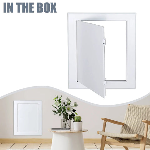 Top Notch White Drywall Access Panel 8x10 Inch Reinforced Wall Inspection Door Heavy Duty Plate open view in a room setting.