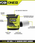 Cordless Power Sander Accessory Bundle For 18V Ryobi With 5 Inch Random Orbit Sander And Corner Cat Sander DIY Friendly Finish Sanding Kit Pocket Flashlight Tools Only No Battery Included Bare Tool Pack For DIY Projects, showing 18V Ryobi sander features like onboard dust collection and multiple grip zone.