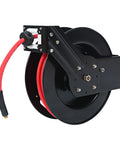 Black 50 Foot Auto Rewind Retractable Air Hose Reel With Three Eighths Inch Rubber Hose 250 PSI Heavy Duty Steel Spring