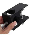 Close-up of Adjustable Deck Torch Holder Bracket With Pole Clamp For Outdoor Tiki Torches, Durable G Clamp For A Rock Solid, No Fuss Mount In Gardens And Patios, Easy Setup And Secure, Weather Resistant held by hand.
