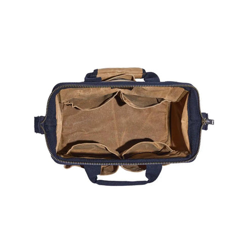 Interior view of Heavy Duty Waxed Canvas Tool Bag With 11 Pockets, Tan Contractor Gear Organizer showing pocket layout.
