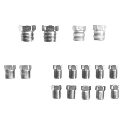 Copper Nickel Brake Line Replacement Kit 3/16 x 25 ft with Inverted Flare Fittings, showing 16 fittings on white background.