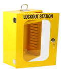 Tough As Nails Heavy Duty Lockout Tagout Station Wall Mounted Loto Cabinet With Shatterproof Clear Door and yellow steel frame.