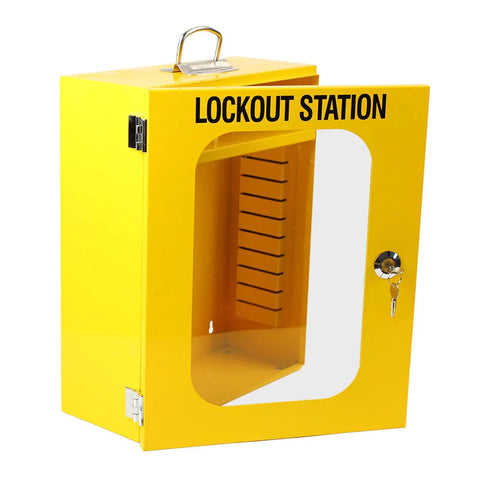 Tough As Nails Heavy Duty Lockout Tagout Station Wall Mounted Loto Cabinet With Shatterproof Clear Door and yellow steel frame.