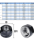 Precision ER Collet Nut Kit For CNC Lathe And Milling Machine, showing dimensions D and D1, durable steel construction.