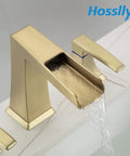 8 Inch Widespread Brushed Gold Bathroom Faucet With Slick Waterfall Flow, 3 Holes Deck Mount, Stainless Steel Pop Up Drain