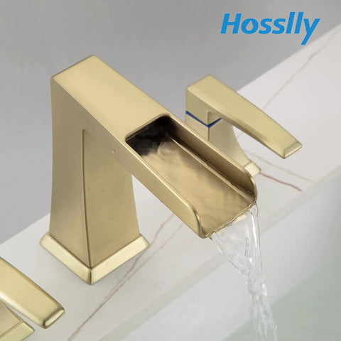 8 Inch Widespread Brushed Gold Bathroom Faucet With Slick Waterfall Flow, 3 Holes Deck Mount, Stainless Steel Pop Up Drain