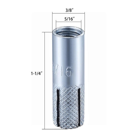 Premium Zinc Plated Drop In Anchors For Solid Concrete 5 16 Inch 18 Thread Knurled steel anchor showing dimensions of 1-1/4 inch.