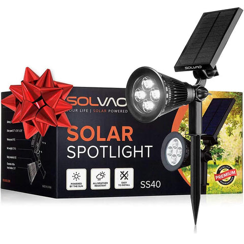 Ultra Bright Solar Spotlight 200 Lumen With 270 Degree Adjustable Waterproof Outdoor Landscape Light in front of box, red bow
