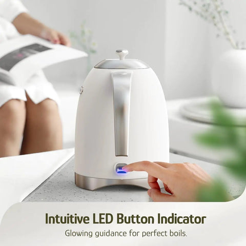 Finger pressing the LED button on a 1.7L Electric Kettle With Stainless Steel Interior, BPA-Free, 1200W Fast Boil, Cordless With Rotational Base, Automatic Shut Off, One-Touch LED, Pearl White.