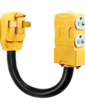 RV Distribution Adapter 50 Amp To 20 Amp 110V NEMA 14 50P To Four 5 20R And 15R RV Four Prong To Multiple Household Outlets With 20 Amp Circuit Breaker Genny Ready Distribution Cord One And A Half Feet Long, showing power prongs and outlets.