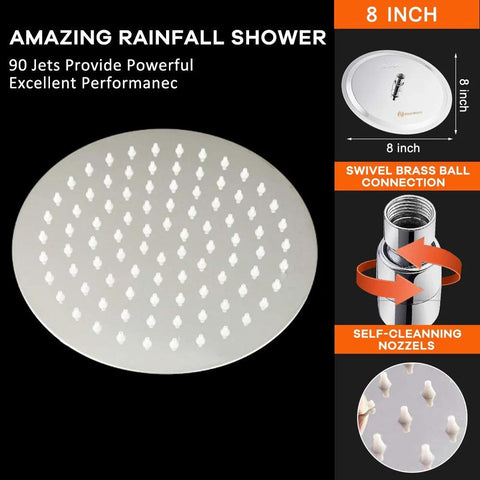 Front view of 8-inch chrome-finished stainless steel rain shower head with self-cleaning nozzles.