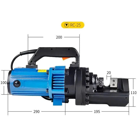 Hella Awesome Electric Hydraulic Rebar Cutter For Steel Bars 4-25mm Portable Cutting Machine side view with dimensions.