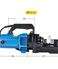 Electric Hydraulic Rebar Cutter 4 To 25mm Portable Steel Bar Tool with blue motor and black cast iron head, side view.